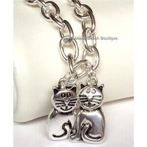 Silver Cat Charm Bracelet Kitty Cats Lover Vet Tech Gift Rescue Plated 7-7.5"